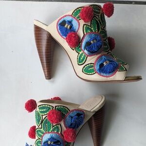 Tory Birch -Embroided and leather high heel mule